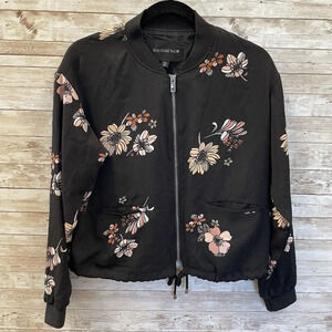 Who What Wear‎ Womens M Jacket Black Fall Floral Zipper w/ Pockets Cinch Waist